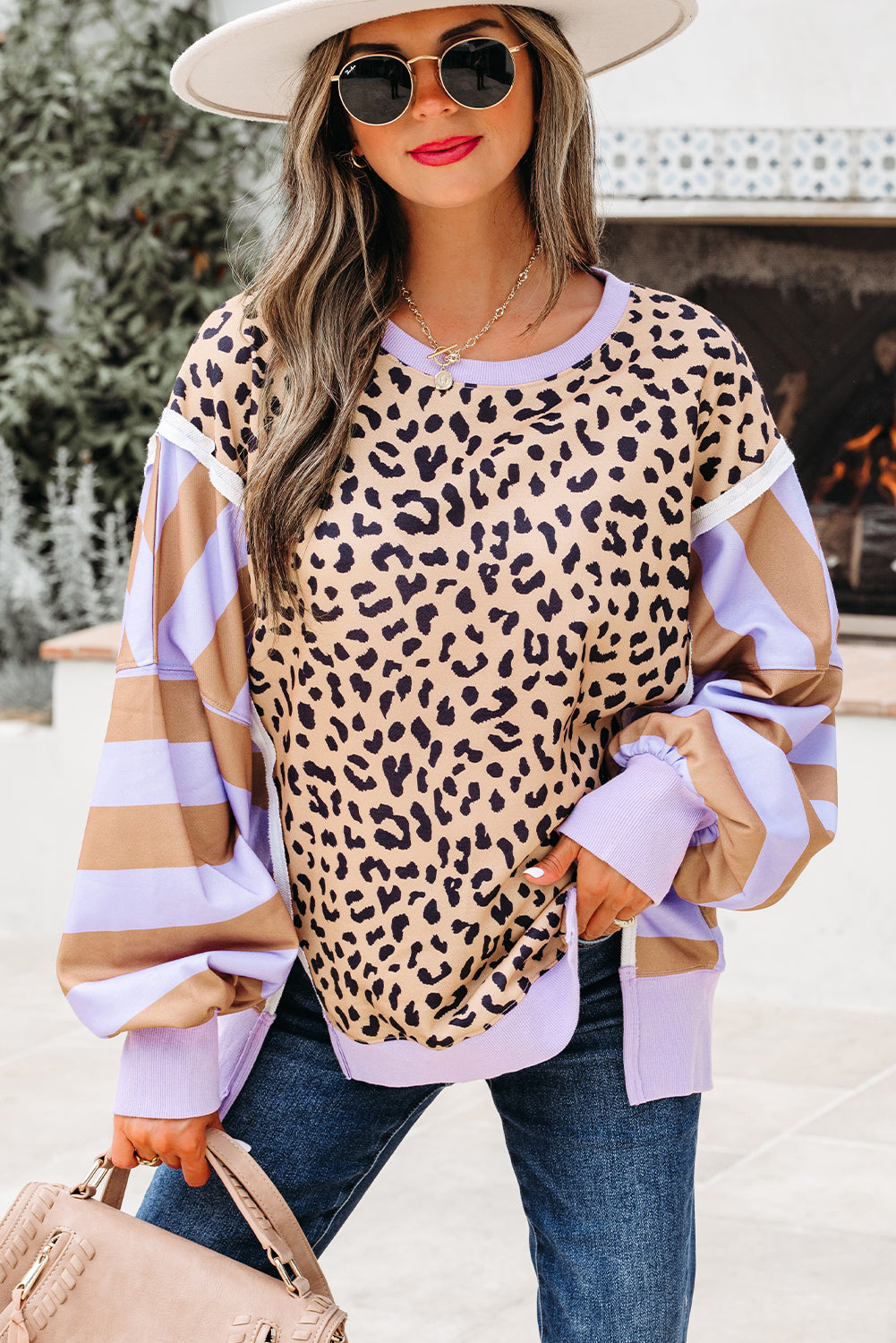 Color Block Patchwork Leopard Casual Sweatshirt with Slits