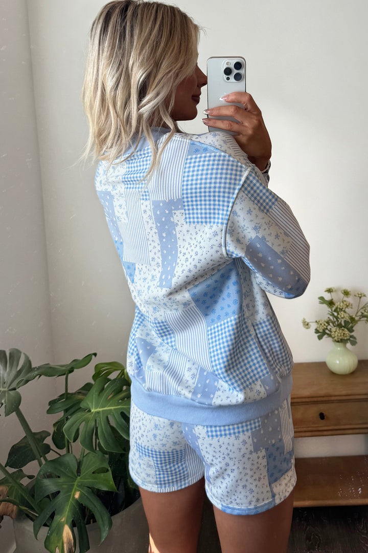Sky Blue Patchwork Floral Print Drop Shoulder Baggy Pullover Drawstring Shorts Set
