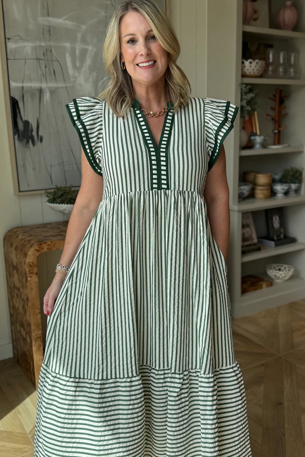 Double Ruffled Short Sleeve Contrast Trim V Neck Midi Dress
