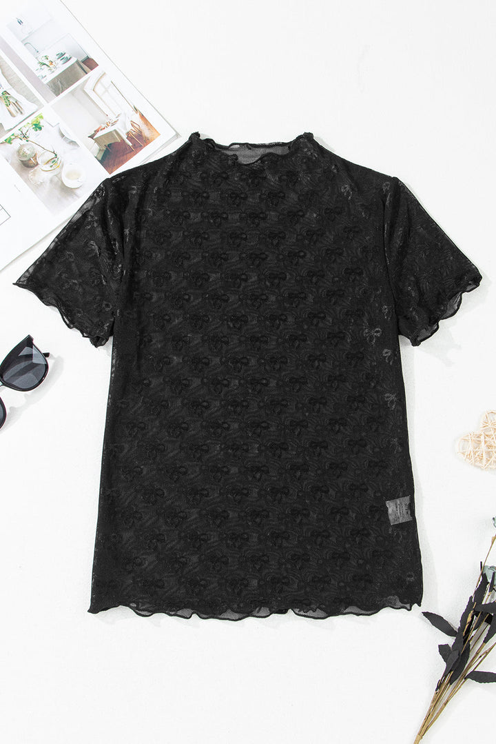 Bowknot Sheer Mesh Mock Neck Lettuce Trim Short Sleeve Top