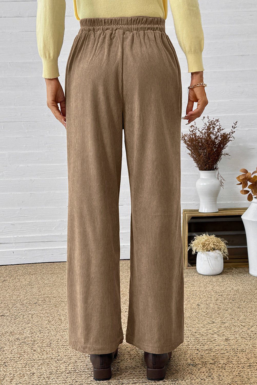 Parchment Tie Elastic Waist Soft Corduroy Pants