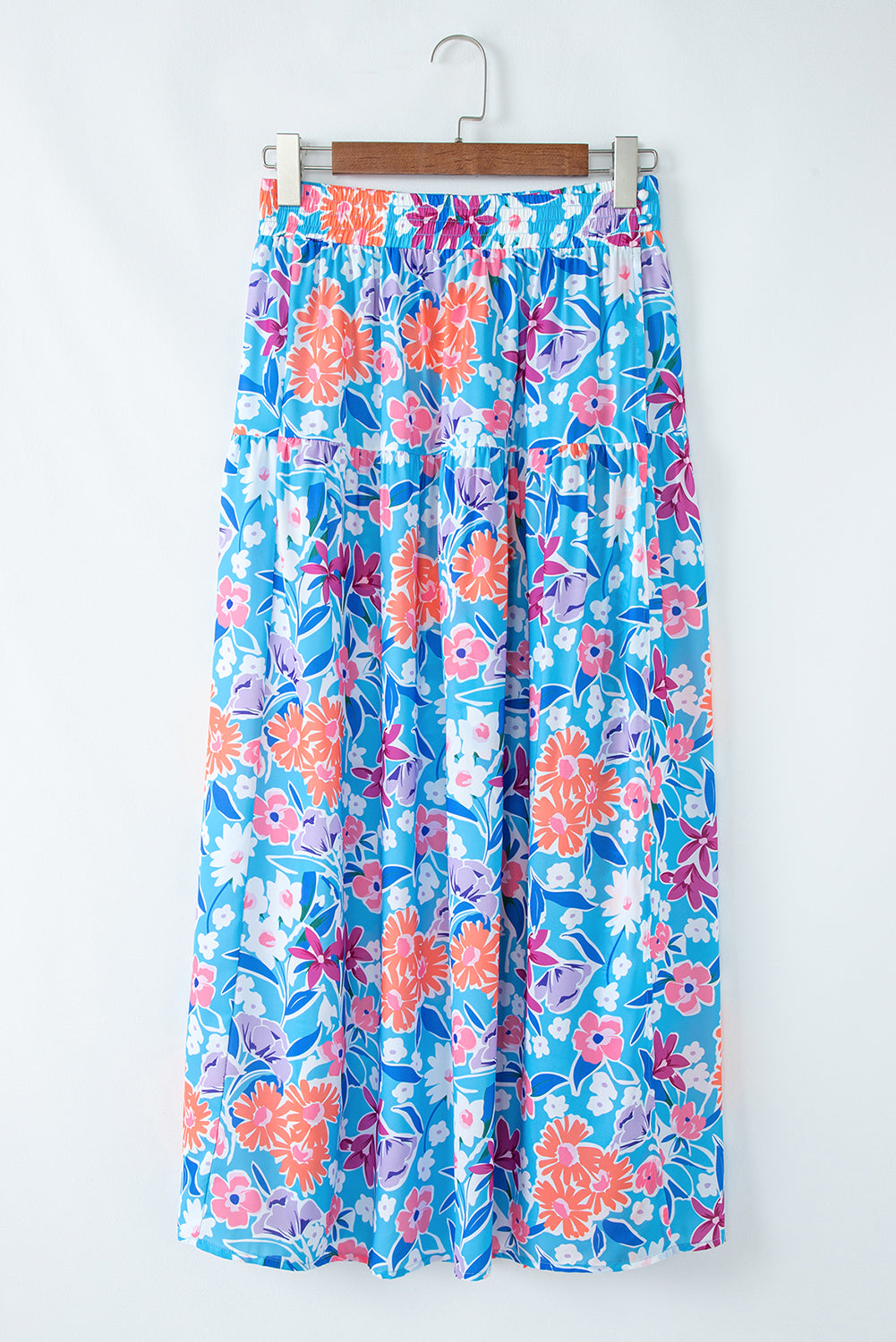 Chic Sky Blue Floral Printed High Waist Split Wrap Long Skirt