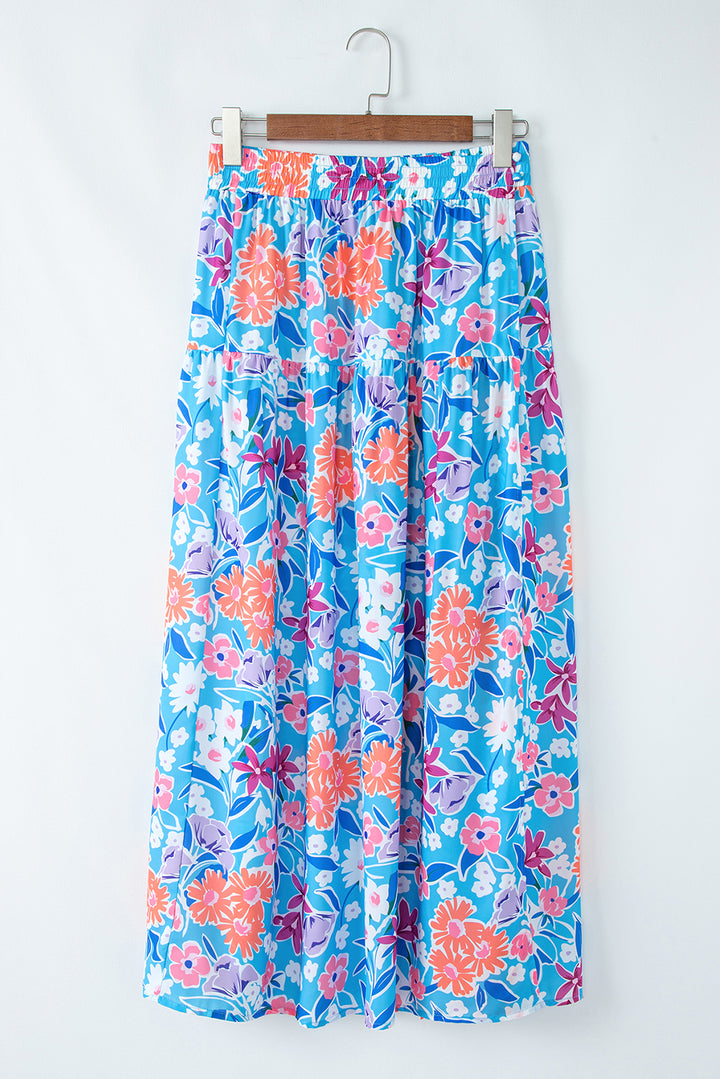 Chic Sky Blue Floral Printed High Waist Split Wrap Long Skirt