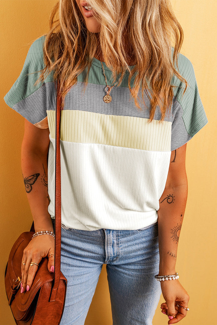 Ribbed Color Block Patchwork T-shirt