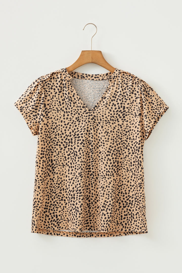 Cheeath Print Frilled V Neck Shirred Detail Short Sleeve Blouse