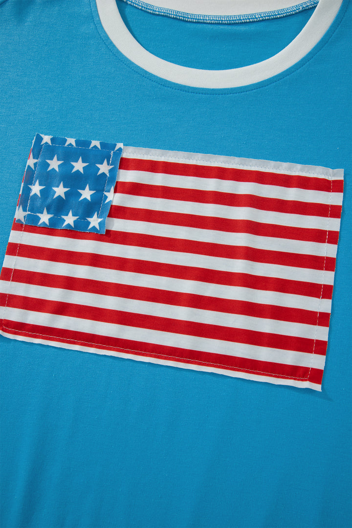 Light Blue Flag Print Patchwork Colorblock July 4th T Shirt