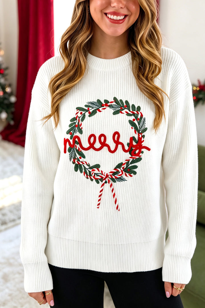 Casual White Christmas Wreath Pattern Round Neck Sweater