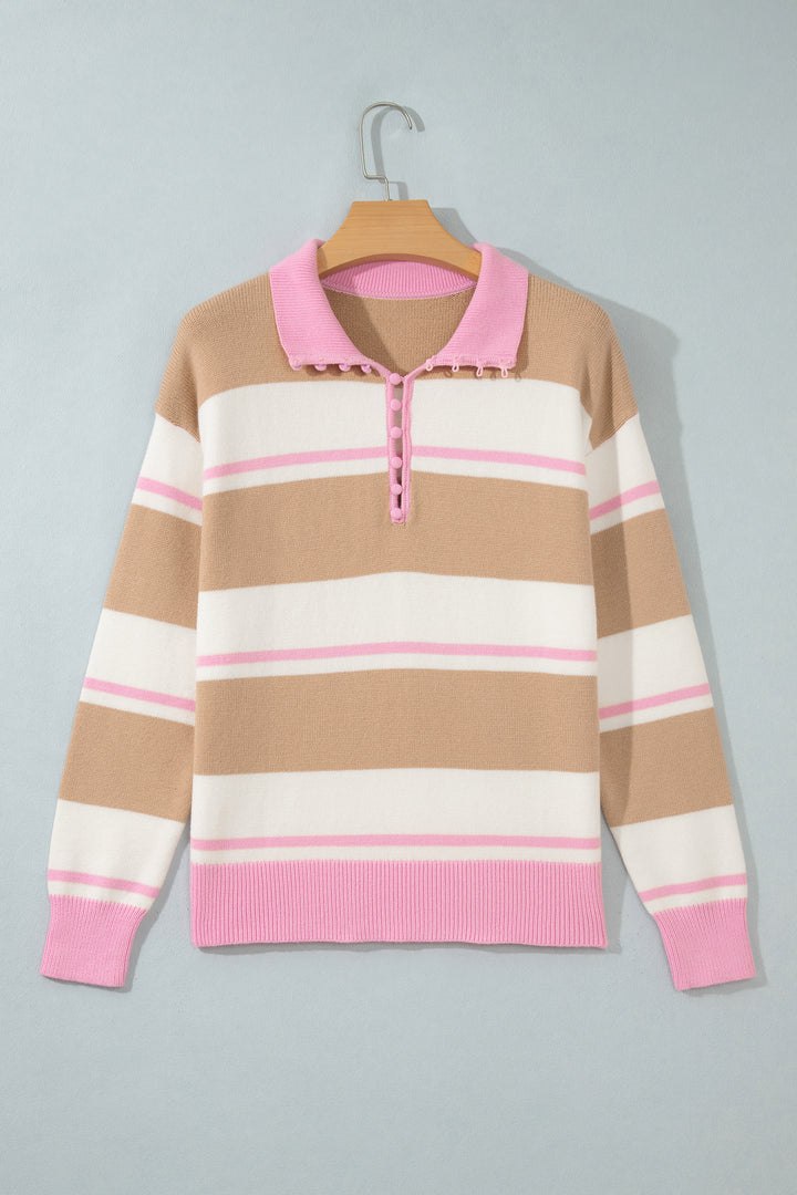 Khaki Stripe Button Placket Long Sleeve Sweater