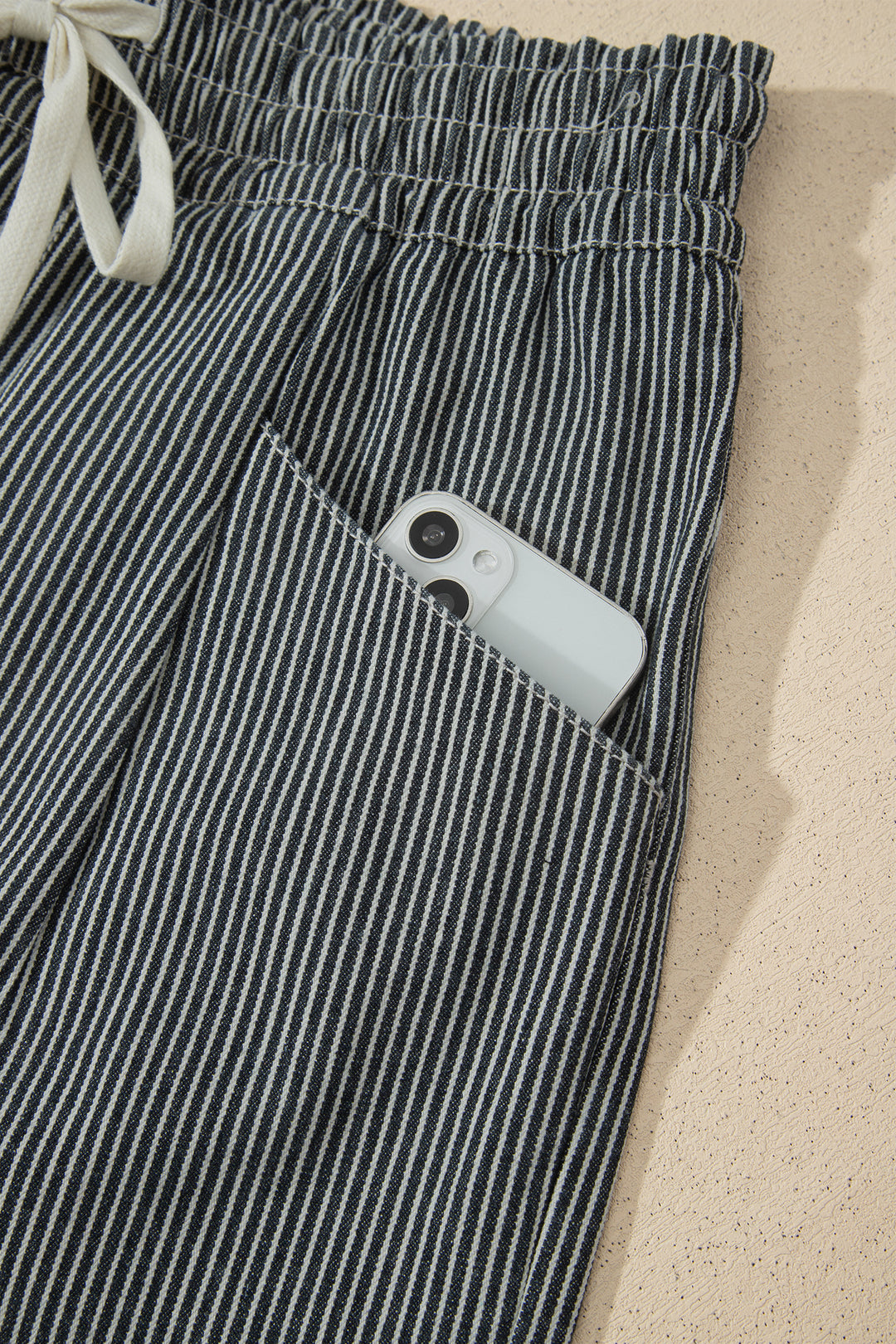 Black Stripe Raw Edge Drawstring Elastic Waist Casual Denim Shorts