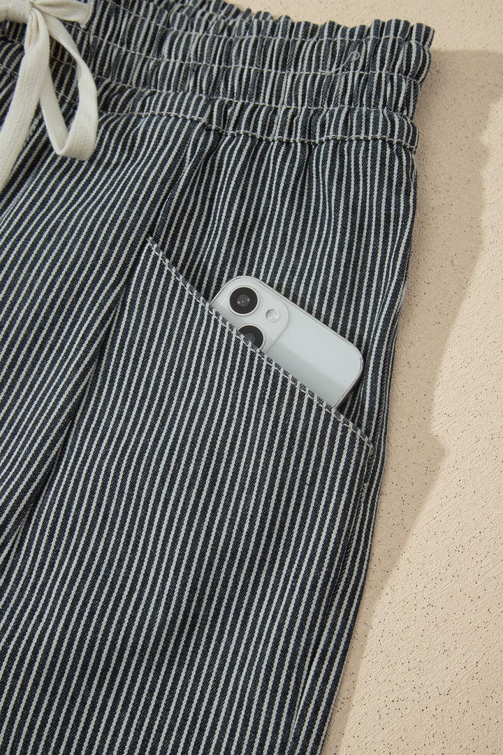 Black Stripe Raw Edge Drawstring Elastic Waist Casual Denim Shorts