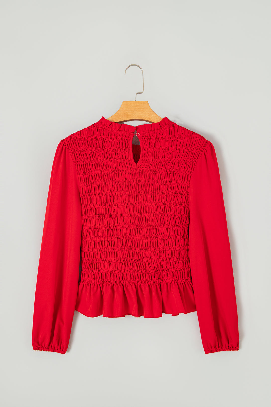 Racing Red Solid Color Smocked Ruffle Hem Long Sleeve Blouse