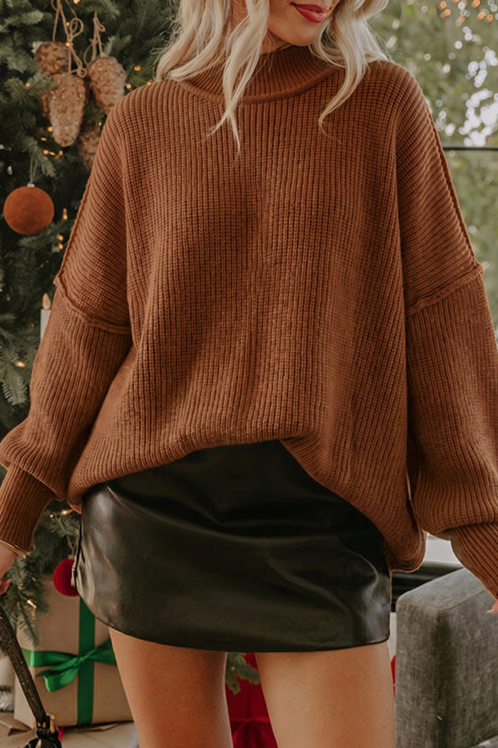 Chestnut Ribbed Knit Stand Neck Regular Fit Pullover Sweater