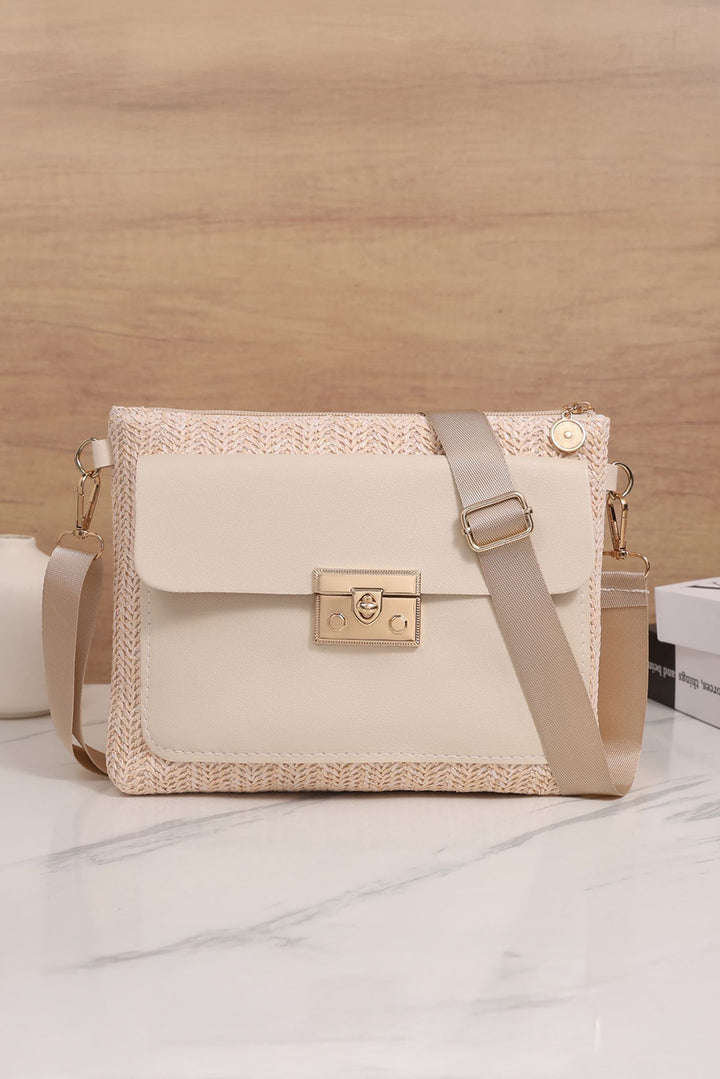 Leather Pocket Patchwork Straw Woven Shoulder Bag