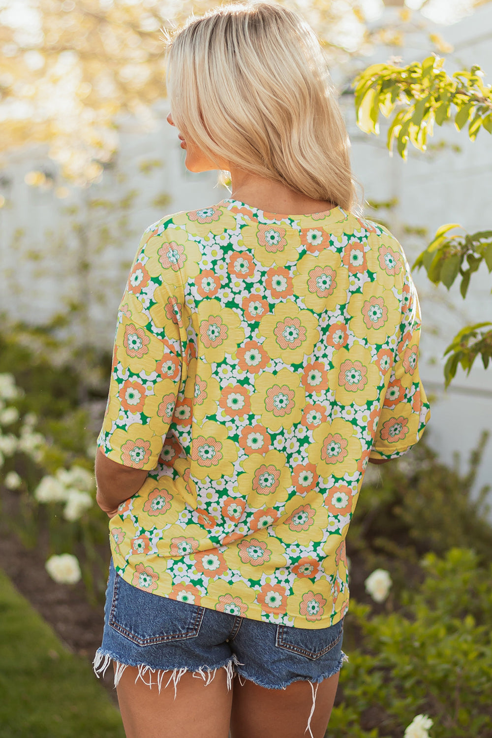 summer flower printed drop shoulder loose t shirt