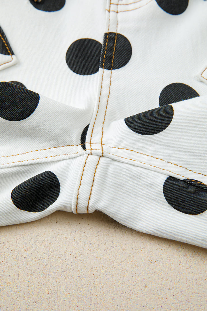 White Polka Dot Print Bow Detail Pocketed Barrel Jeans