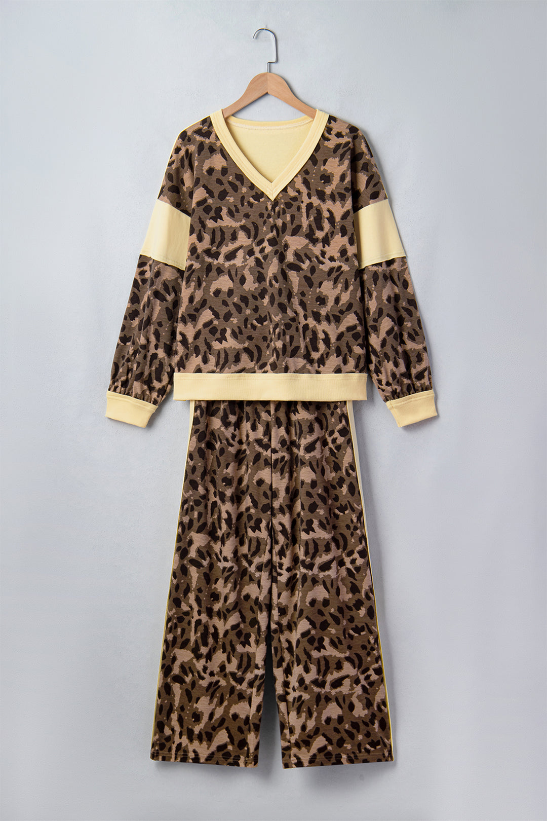 Brown Leopard Print Long Sleeve V-Neck Wide Leg Pant Set