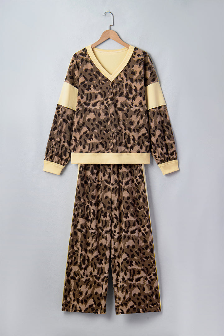 Brown Leopard Print Long Sleeve V-Neck Wide Leg Pant Set