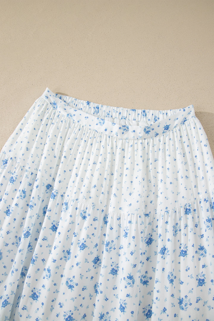 Chic Sky Blue High Waist Tiny Floral Print Boho Maxi Skirt
