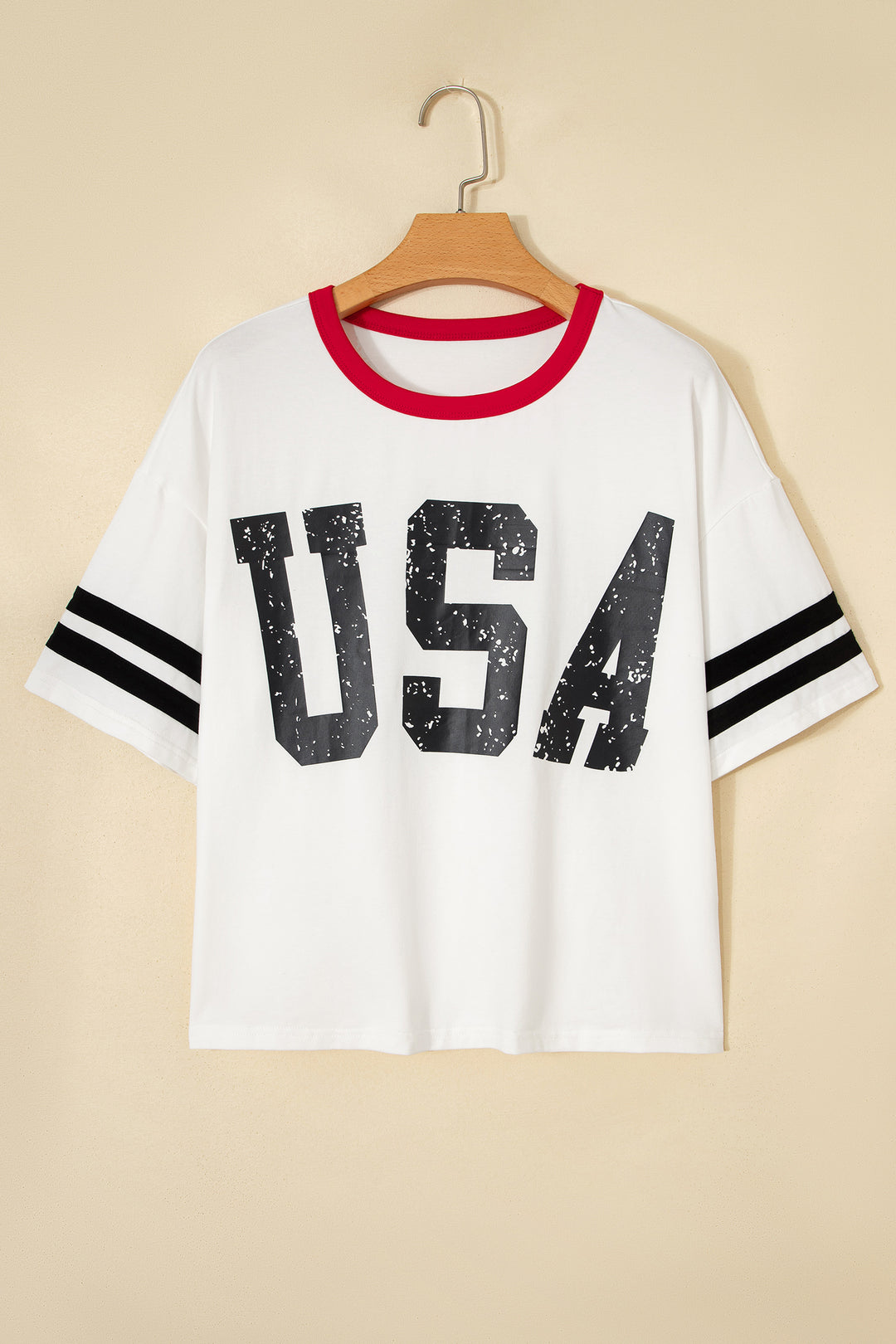 White USA Letter Printed Varsity Striped Sleeve Round Neck Tee
