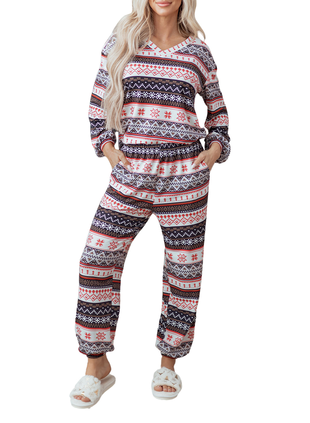 Black Retro Christmas Pattern Loose Pullover 2pcs Lounge Pant Set