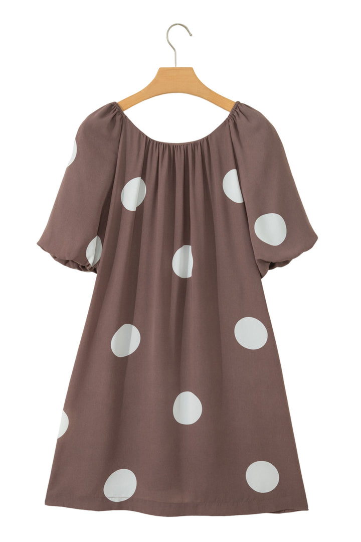 Brown Polka Dot Print Knot Back Short Puff Sleeve Loose Mini Dress
