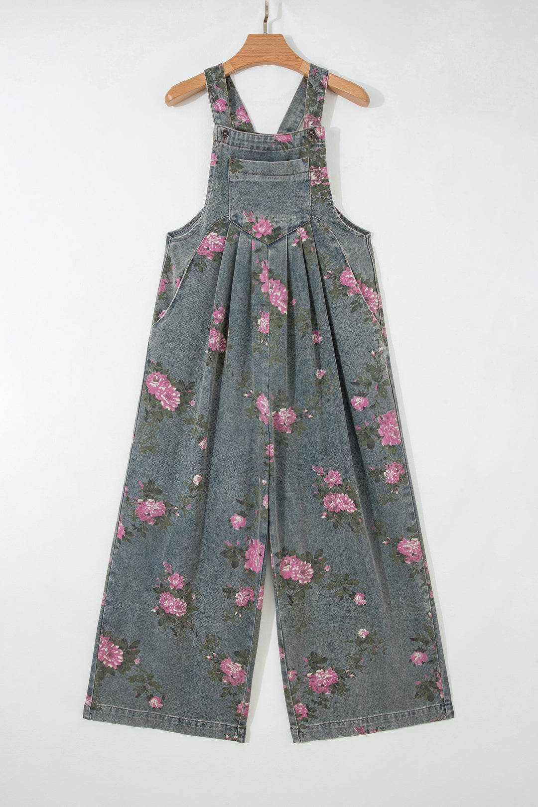 Gray Beau Floral Print Pleated High Waist Wide Leg Denim Jumpsuit