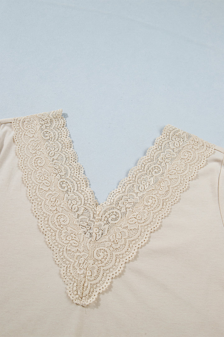 Apricot Lace Trim V Neck Long Sleeve Patchwork Pullover Top