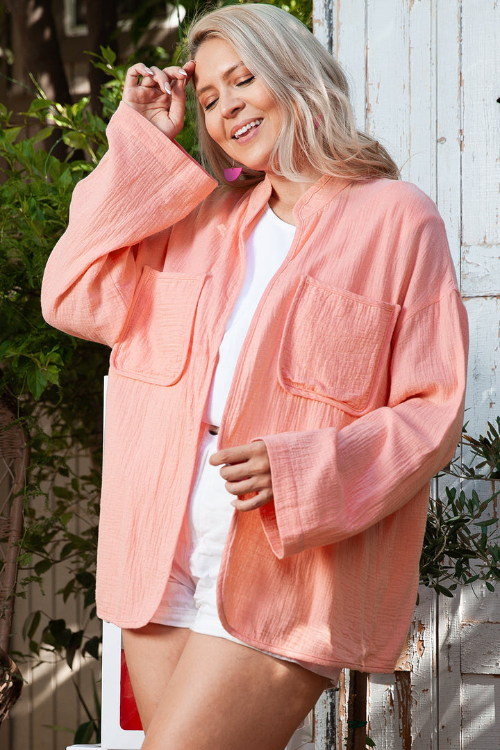Plus Size Solid Color Chest Pockets Crinkled Blouse