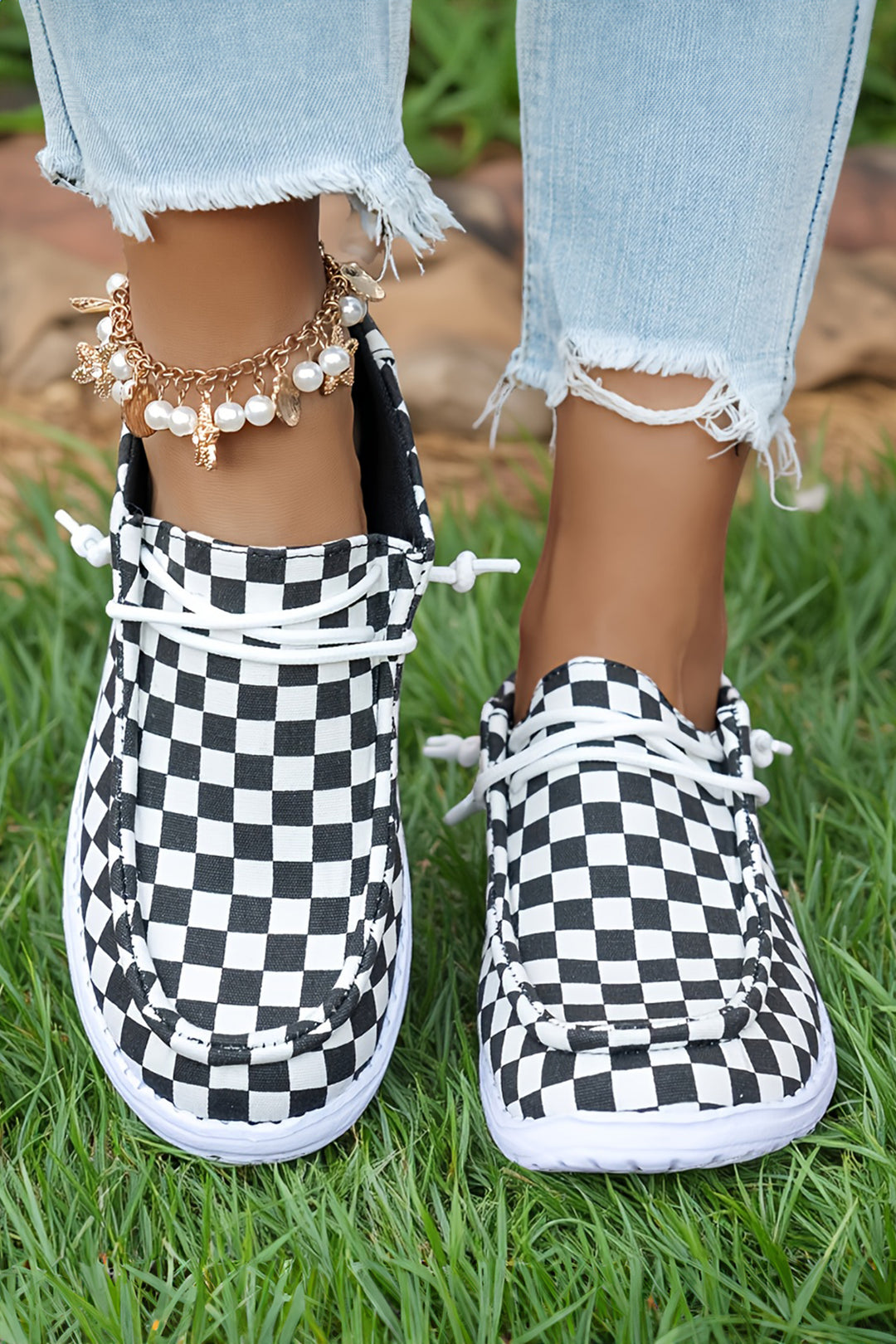 Checkered Print Lace-up Detail Flat Shoes