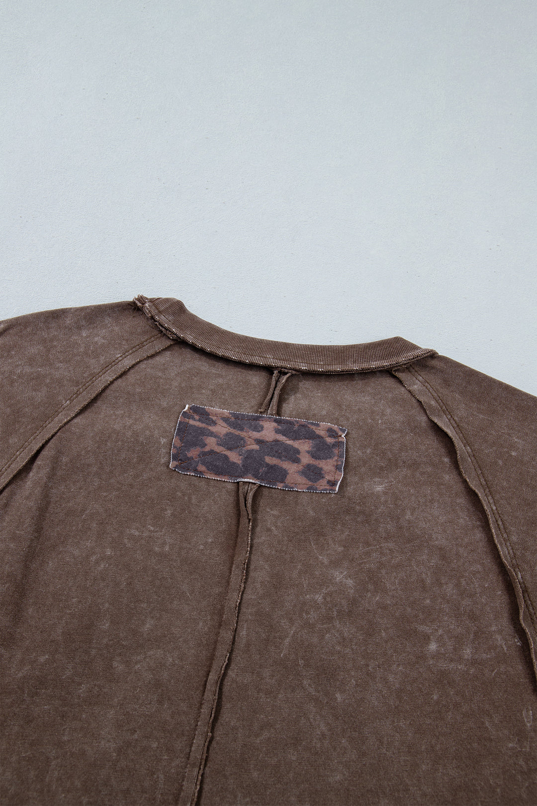 Coffee Mineral Wash Exposed Seam Leopard Star Patched T Shirt