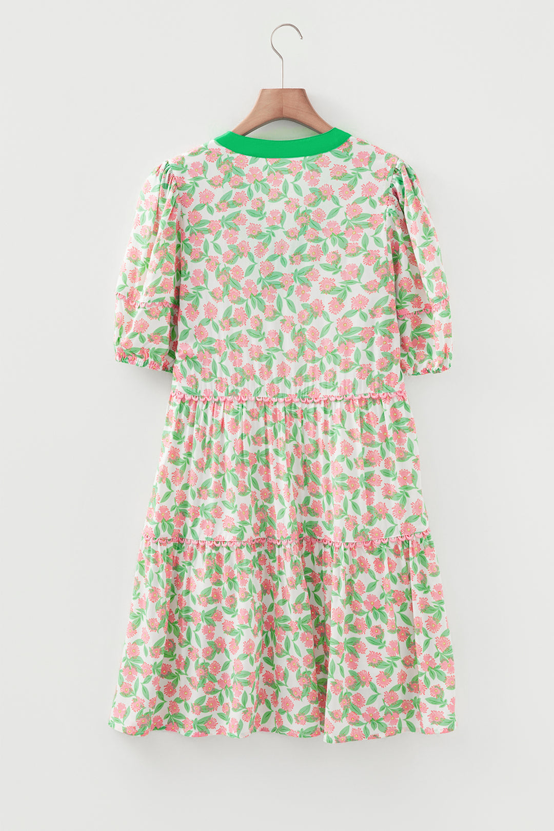 Contrast Neckline Ricrac Trim Floral Short Puff Sleeve Dress