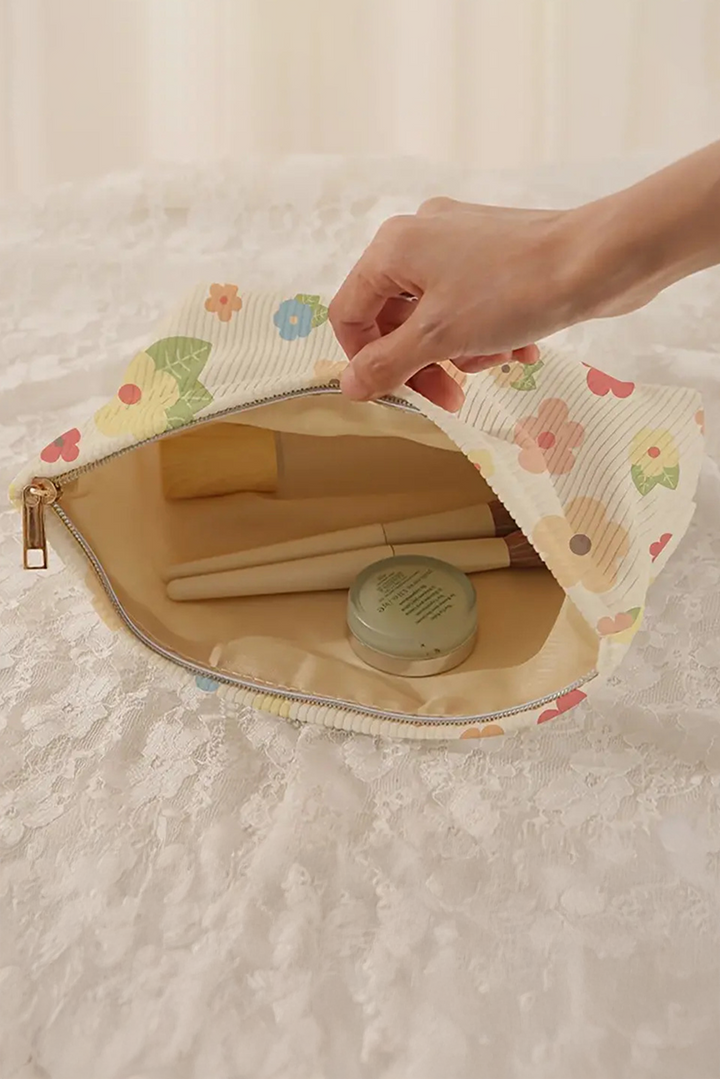 Flower Leaves Print Zipper Corduroy Makeup Bag