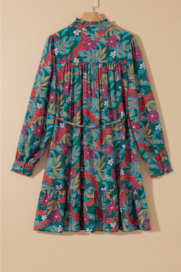 Floral Friled V Neck Puff Sleeve Ruffled Shirt Dress