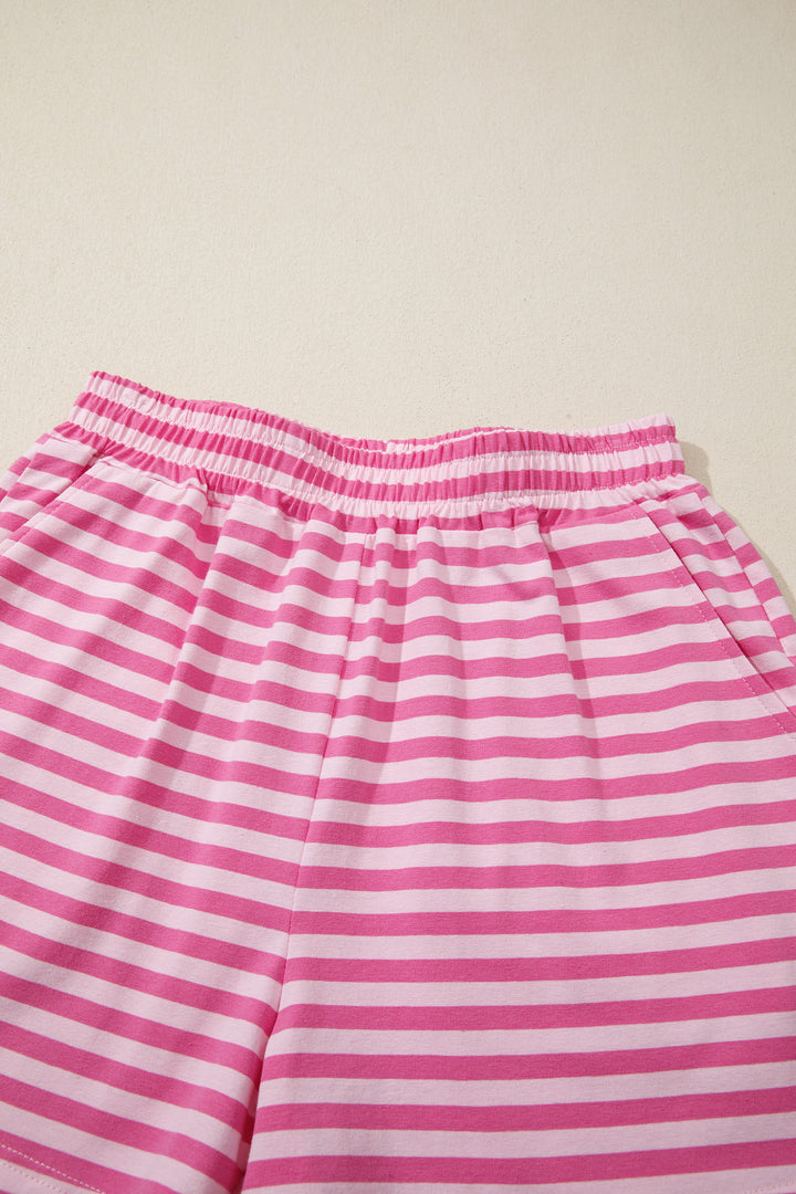 Pink Stripe Cap Sleeve Tee Elastic Waist Shorts 2pcs Outfit