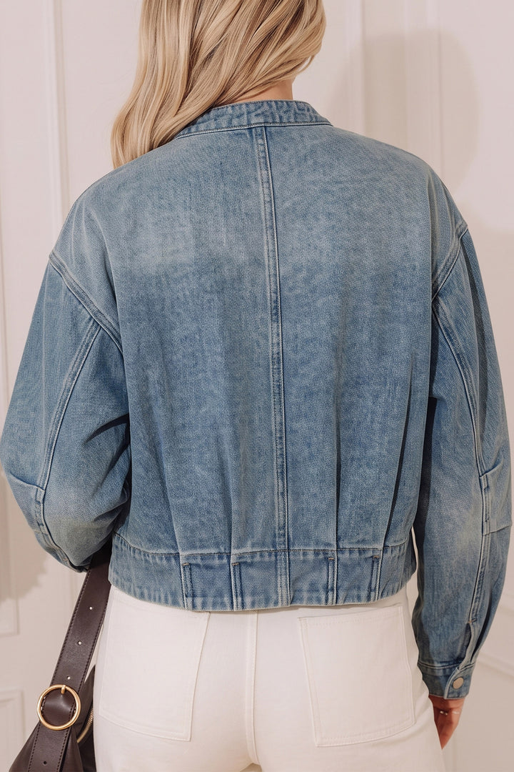 Beau Blue Vintage Wash Zip Up Button Tab Round Neck Denim Jacket