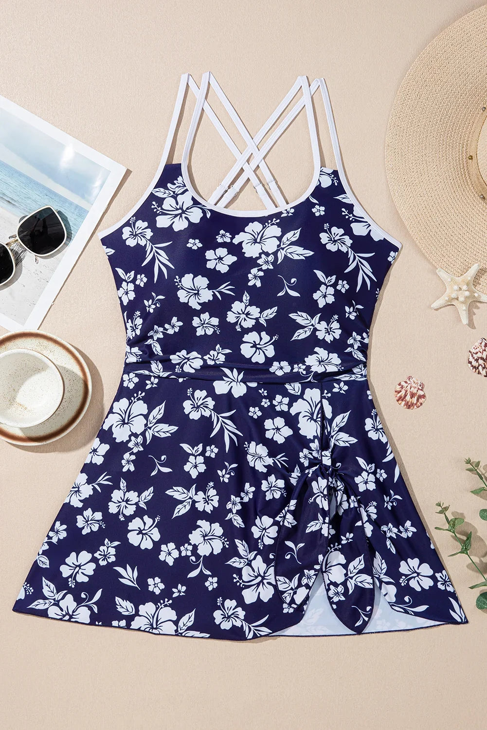Blue Crossed Back Floral Print Asymmetric Knot Side One Piece Swimsuit