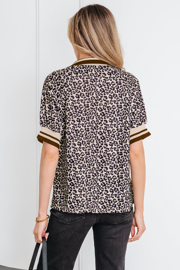 Leopard Print Half Zip Striped Trim Patchwork Short Sleeve Top