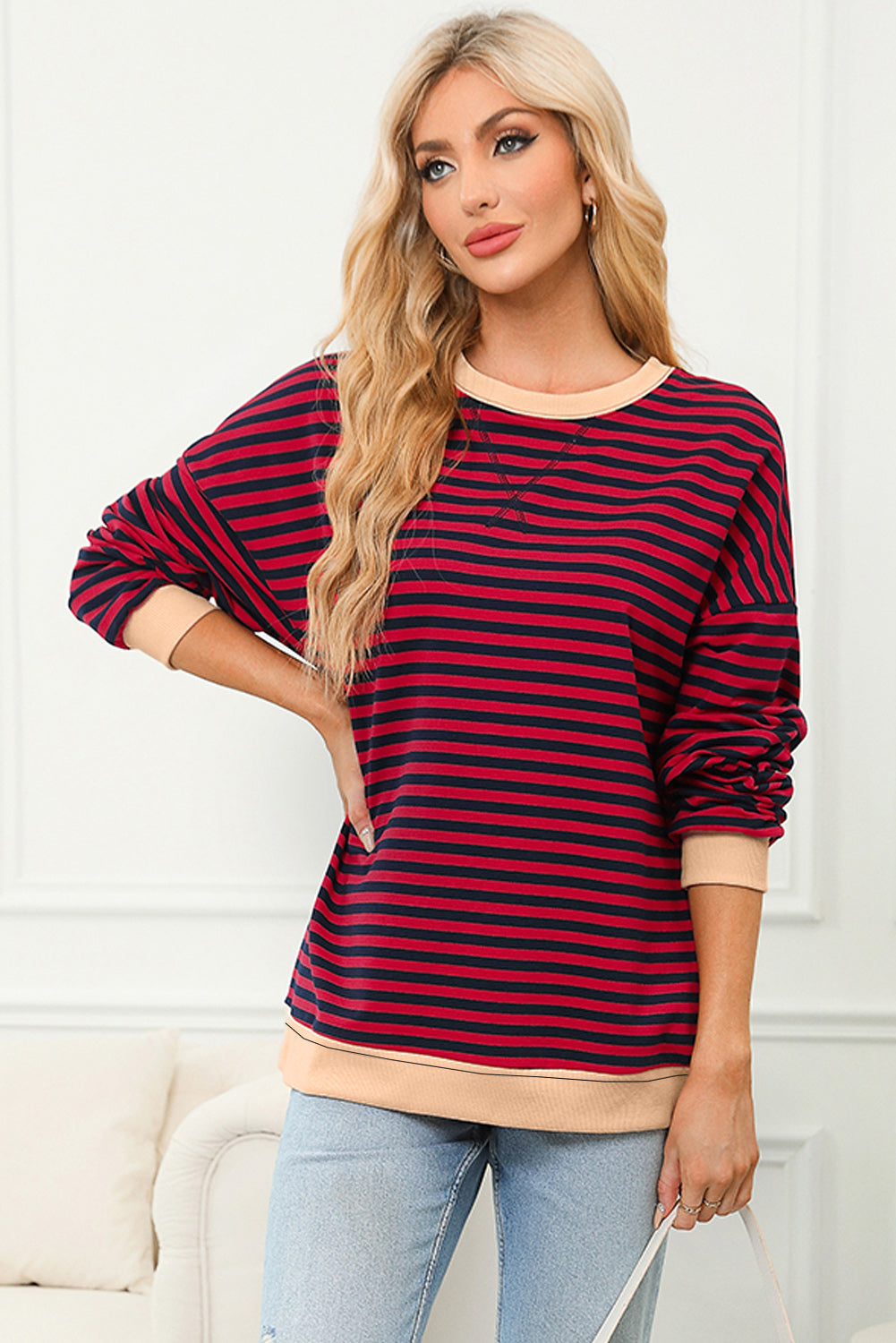 Contrast Ribbed Trim Crossed Stitch Drop Shoulder Sweatshirt