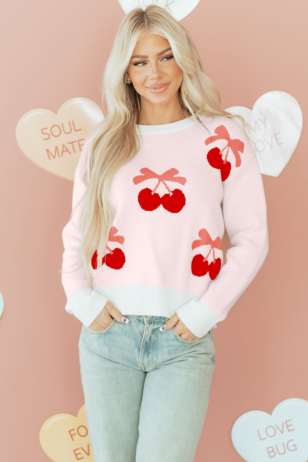 Cherry Pattern Drop Shoulder Sweater