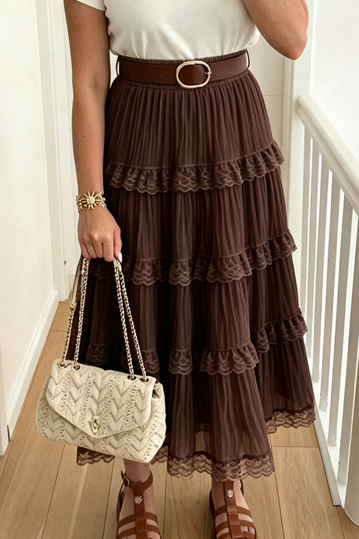 Dark Brown Pleated Tiered Lace Trim Maxi Skirt