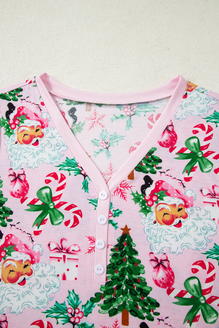 Pink Christmas Pattern Button V Neck Pullover Drawstring Pants 2pcs Lounge Set