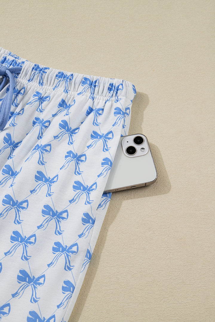 Sky Blue Bow Print Long Sleeve Shirt and Pants Soft Pajama Set