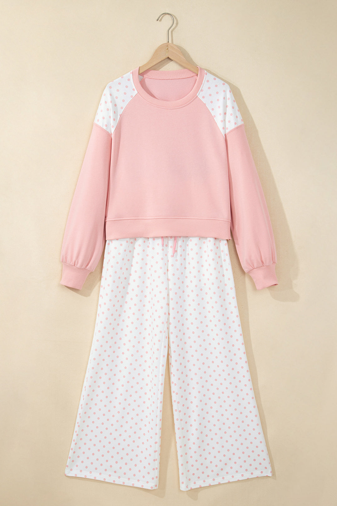 Pink Polka Dot Patchwork Colorblock Long Sleeve Casual Two Piece Pants Set