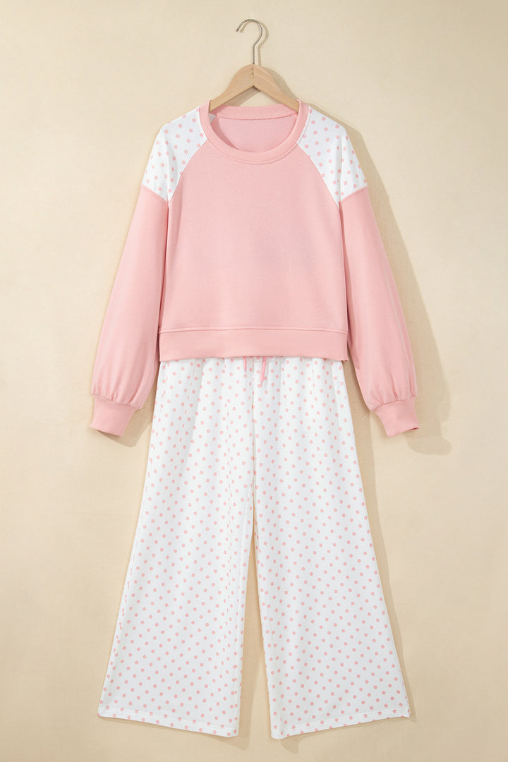 Pink Polka Dot Patchwork Colorblock Long Sleeve Casual Two Piece Pants Set