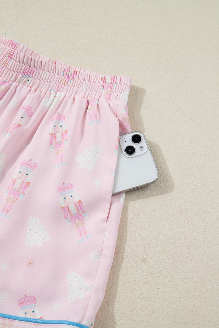 Pink Bow Tie Front Christmas Nutcracker Long Sleeve Shirt Shorts Pajama Set