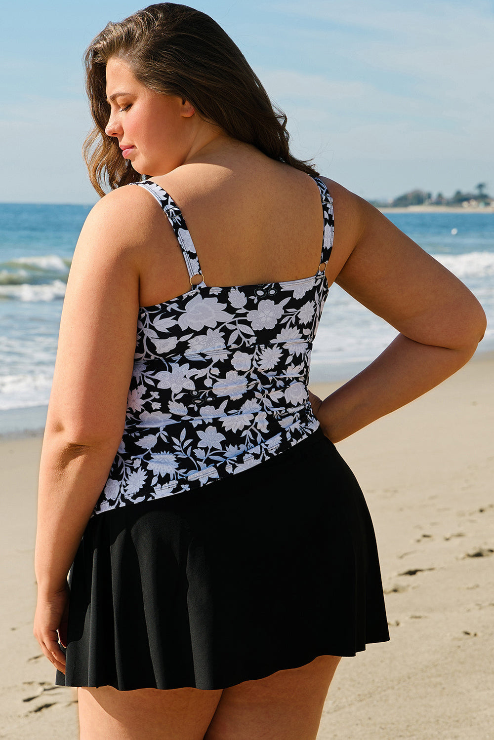 Plus Size Printed Square Neck Drawstring Ruffled Tankini Set