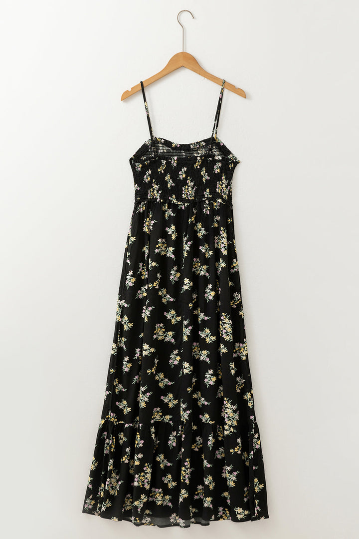 floral spaghetti strap shirred bodice tied empire waist maxi dress