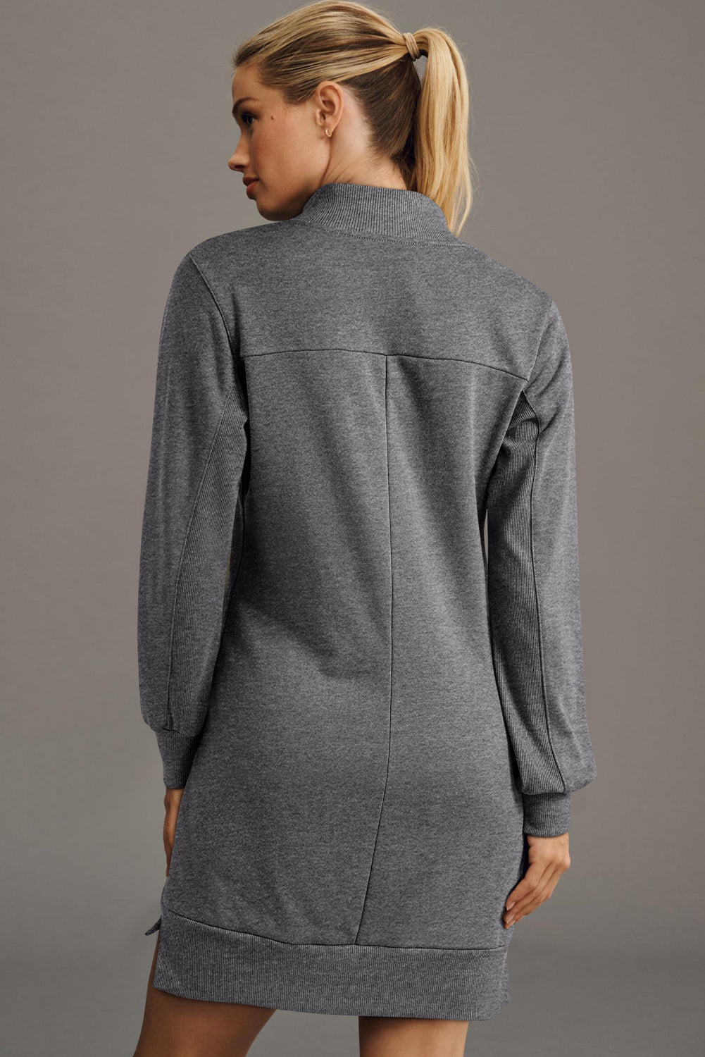 Zip up Collared Ribbed Patchwork Sweatshirt Dress with Pockets