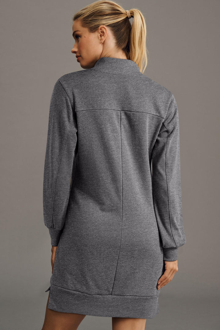 Zip up Collared Ribbed Patchwork Sweatshirt Dress with Pockets