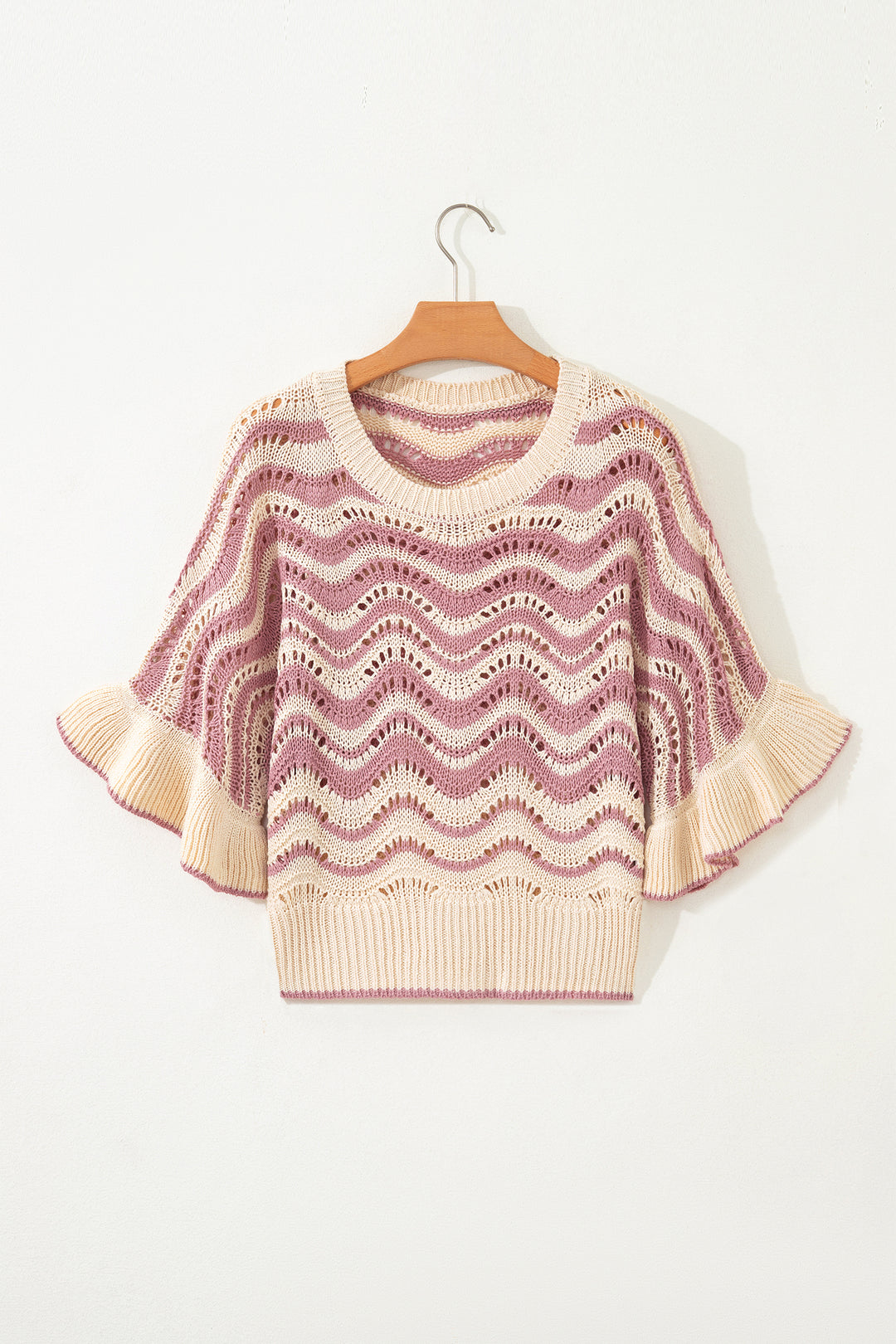Beige Stripe Wavy Crochet Eyelet Detail Ruffle Half Sleeve Sweater